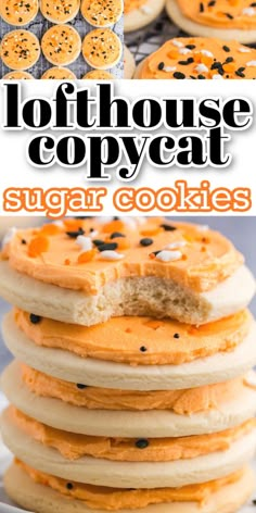 a stack of cookies with orange and black sprinkles on top, in front of