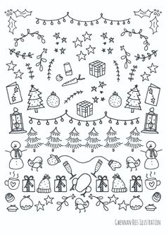 christmas doodles with presents, gifts and stars on them in black and white