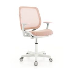 an office chair with wheels and a pink upholstered seat, viewed from the front