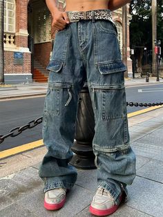 242924982-1 Baggy Cargos, Baggy Cargo Jeans, Blue Clothes, Fits Ideas, Baggy Hoodie, Grey Hoodie Men, Pants Outfit Men, Spring Hoodie, Retro Pants