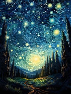 the night sky with stars and trees on it, as well as an image of a road