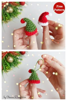 crocheted christmas tree ornament is shown in three different views, including the top one with a santa's hat on it