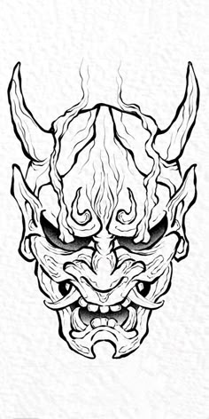 a black and white drawing of a demon mask