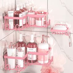 two pink shelfs with soap, lotion and hand sanitizers