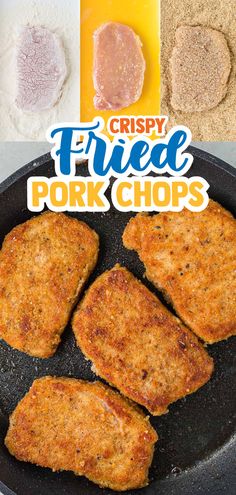 crispy fried pork chops in a frying pan with the words crispy fried pork chops