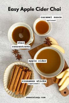 an apple cider chai recipe with cinnamon sticks and apples