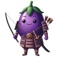 an eggplant character holding a bow and arrow