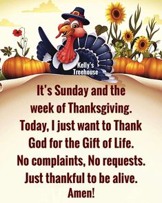 a thanksgiving card with a turkey and sunflowers in the background, saying it's sunday and the week of thanksgiving