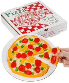 the pizza is ready to be eaten on the plate and held by someone's hand