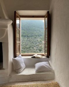 a window seat with two pillows and a book on it