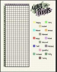 the year in pixels chart is shown on a piece of paper with words and numbers