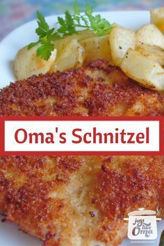 there is a piece of fish and potatoes on the plate with words that read oma's schnitzel