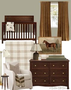 a baby's room with brown furniture and accessories, including a crib, rocking chair, dresser, lamp, framed painting on the wall