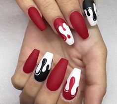 Blood Blood Nails, Red And White Nails, Red Nail Art Designs, Red Nail Art, Halloween Acrylic Nails, Cute Halloween Nails, Black Acrylic Nails, Drip Nails, Thanksgiving Nails