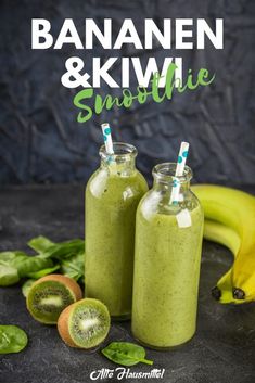 banana and kiwi smoothie in two glass bottles with straws on the side