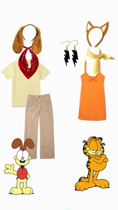 three children's clothing items including an orange shirt, brown pants and a red scarf