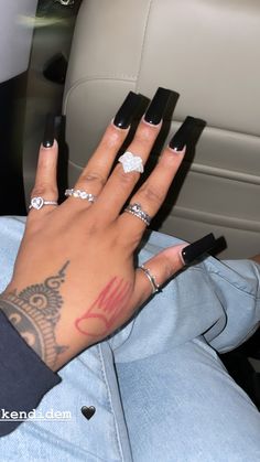 Midnight Blue Nails Acrylic Designs, Black Nails With Rhinestones Short, Black Arclyc Nails, Black Nails Black Women, Prom Toes, Black Square Acrylic Nails, All Black Nails, Nails With Nail Art, Long Black Nails