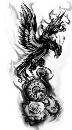 a black and white drawing of a clock with a bird on it