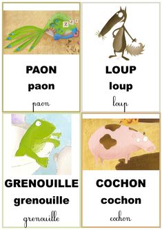 four different types of animals and their names in french, with pictures of them on each side