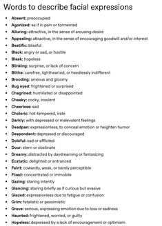 words to describe facial expressions are shown in the text above them, and below it is an image of different types of facial expressions