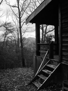 black and white photograph of an old cabin in the woods with stairs leading up to it