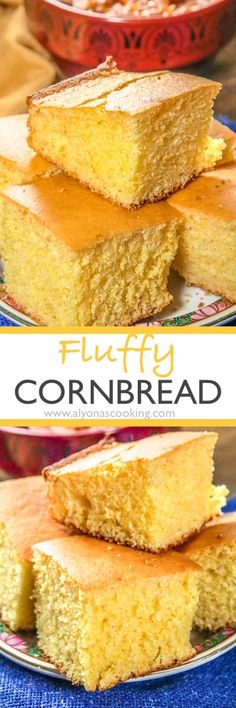 cornbread cake on a plate with the words fluffy cornbread in front of it