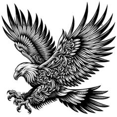 an eagle flying with wings spread out and ornately patterned on it's body