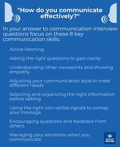 a blue poster with the words how do you communicate effectively? in your answer to communication interview