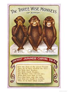 three wise monkeys sitting next to each other on top of a sign that says ancient japanese carving techniques