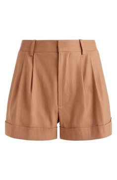 Tailored touches lend a polished sensibility to these linen-forward shorts rendered in a neutral hue. 2 1/2" inseam; 25 1/2" leg opening; 11 1/2" front rise; 14" back rise (size 8) Zip fly with hook-and-bar closure Side-seam pockets; back welt pockets Recycled-polyester lining 56% linen, 43% viscose, 1% elastane Dry clean Imported Classy Shorts, Tan Shorts, Summer Wardrobe Essentials, Cuffed Shorts, Sports Blazer, Made Clothing, Dress For Short Women, Denim Leggings