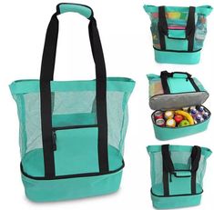 an aqua colored tote bag with various compartments