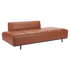 a brown leather couch sitting on top of a metal frame