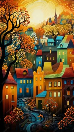 a painting of a city with trees and houses in the fall colors, as well as an orange sky