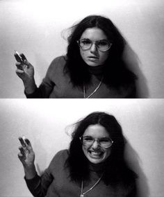 two pictures of a woman with glasses holding up her cell phone and smiling at the camera