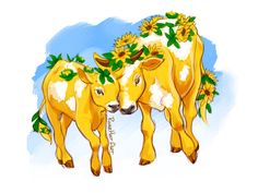 two yellow cows standing next to each other with sunflowers on their heads and ears