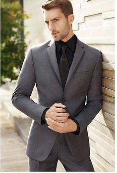 Grey suit. Black shirt & tie. Mens Grey Suit, Grey Tux, Terno Slim, A Man In A Suit, Charcoal Suit, Man In A Suit, Mens Wearhouse, Slim Fit Tuxedo