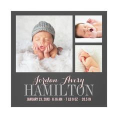 the birth announcement card is shown with three photos of a baby's first year