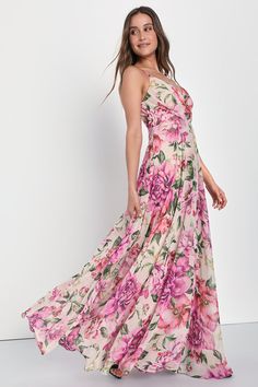 The perfect romantic look does exist and we can't wait to wear the Lulus Seasons of Love Blush Pink Floral Print Surplice Maxi Dress to every special occasion this season! This effortlessly elegant dress is composed of lightweight woven chiffon, with a bold pink, purple, and green floral print throughout, that shapes adjustable spaghetti straps that support a lightly gathered bodice and a surplice neckline. A high, fitted waist tops an overlapping, A-line skirt that falls to a floor-sweeping max Pink Wedding Guest Dresses, Garden Wedding Dress Guest, Seasons Of Love, Floral Dress Wedding Guest, Pink Floral Print Dress, Floral Bridesmaid Dresses, Spring Wedding Guest Dress, Gathered Bodice, 60's Dress