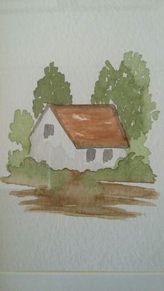 a drawing of a white house with trees in the back ground and watercolor on paper