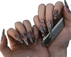 Edgy Almond Nails Designs, Nails Acrylic Metallic, Super Cool Nails, Aespacore Nails, Mercury Nails, Matrix Nails, Cybergoth Nails, Techno Nails, Cyberpunk Nails