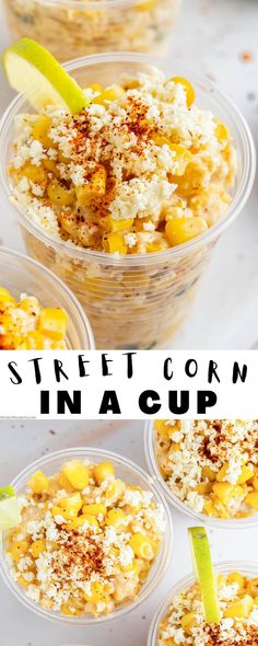 three cups filled with corn in a cup and topped with toppings, sitting on a table