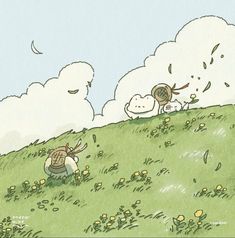 a drawing of two people walking up a hill with clouds in the sky behind them