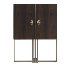 a wooden cabinet with metal legs and two doors on the front, against a white background