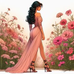 a drawing of a woman in a long dress walking through flowers with her back to the camera