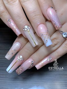 Bridgerton Nails, Diy Rhinestone Nails, Rose Gold Nails Design, Purple Acrylic Nails, Long Acrylic Nail Designs, Nails Design With Rhinestones, Rose Gold Nails, Pretty Nail Art Designs, Fall Acrylic Nails