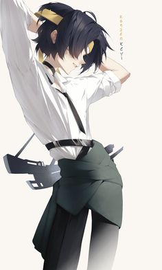 an anime character with black hair wearing a white shirt and green pants, holding his arms behind his head