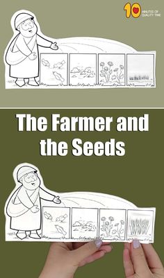 the farmer and the seeds coloring book is shown with hands holding it up to show how they