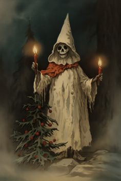 a painting of a skeleton holding two candles in his hands and standing next to a christmas tree