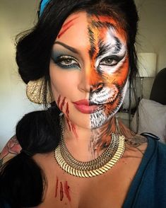 Halloween Makeup Half Face, Tiger Makeup, Unique Halloween Makeup, Tiger Halloween, Bodysuit Tattoos, Halloween Make-up Looks, Holloween Makeup, Animal Makeup, Special Fx Makeup