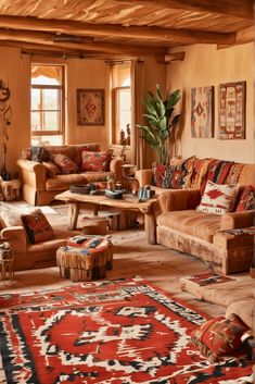 a living room filled with lots of furniture next to a wooden floor covered in rugs